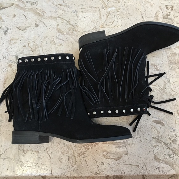 Black Suede Studded Boots Billy Low Heel Fringe Michael Michael Kors Size 7 New - Picture 2 of 8